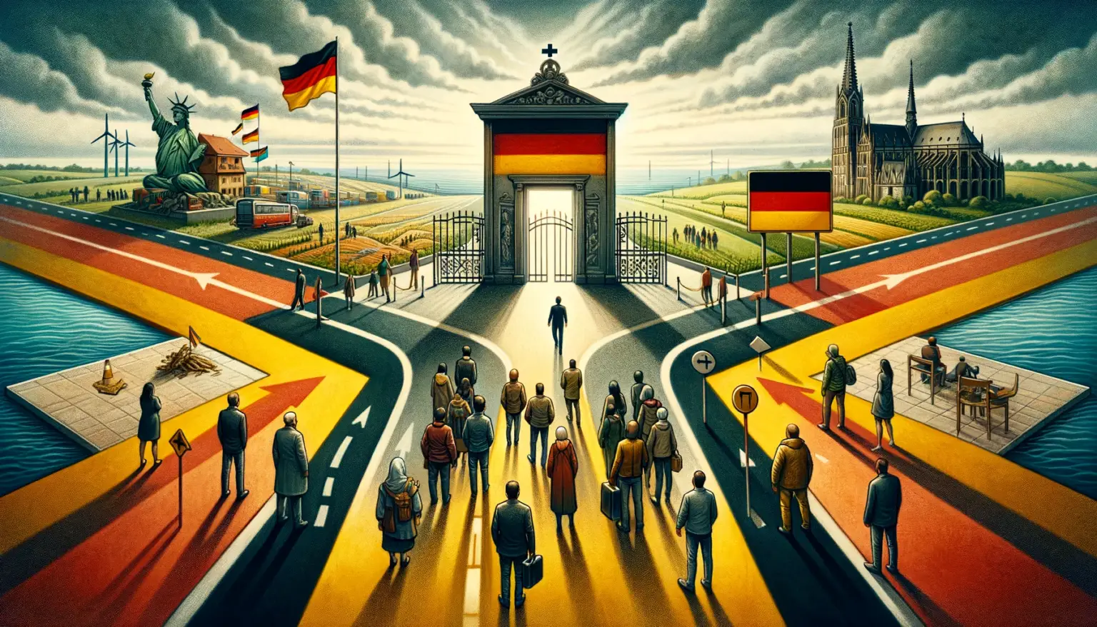 Symbolische Darstellung eines metaphorischen Wegkreuzes, welches die Entscheidungsfindung in der Migrations- und Integrationspolitik in Deutschland repräsentiert. Eine diverse Gruppe von Menschen steht an den Kreuzungen, umgeben von deutschen Flaggen und einem einladenden offenen Tor auf der einen Seite sowie einem Grenzkontrollpunkt auf der anderen. Dies symbolisiert das Gleichgewicht zwischen Offenheit und Grenzkontrolle. Im Hintergrund sind subtil Elemente deutscher Wahrzeichen und Landschaften integriert, die den Kontext hervorheben.