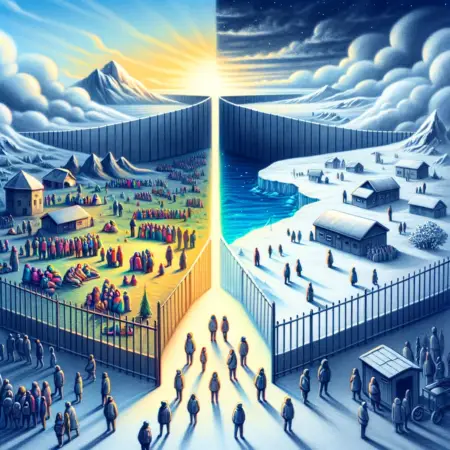 Integration à la CSU: Ein Schritt zurück in die Dunkelheit Ein Bild, das zwei gegensätzliche Welten zeigt: Auf der einen Seite eine warme, einladende Gemeinschaft mit Menschen unterschiedlicher Herkunft, die zusammenstehen, und auf der anderen Seite eine kalte, abweisende Umgebung mit Barrieren und isolierten Individuen, symbolisch für den Kontrast zwischen integrativer Inklusion und ausschließender Politik.