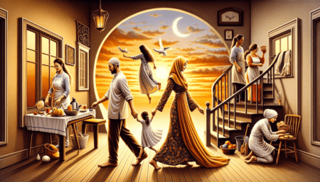 Familienrollen im Wandel – Eine moderne Sicht auf familiäre Verantwortung Eine Familie zeigt gemeinsame Hausarbeit, wobei die Eltern in traditioneller Kleidung Respekt und Unterstützung demonstrieren.