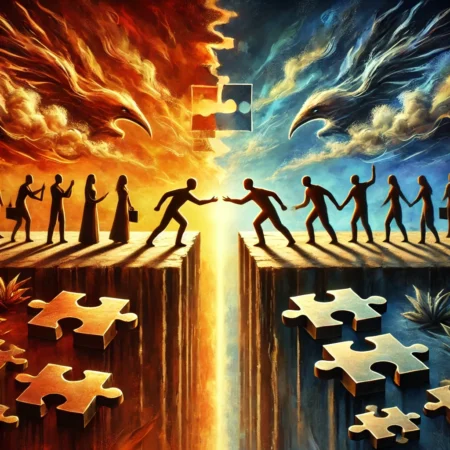 Dialog am Ende? Warum wir nur noch schreien statt reden Abstrakter Abgrund zwischen hitzigen Köpfen und kühlem Verstand: Ein bröckelnder Riss trennt zwei Lager, während ein fragiles Brückenstück zeigt, dass Dialog möglich ist – wenn man den Mut hat, hinüberzugehen.