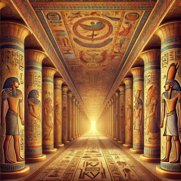 Illustration eines altägyptischen Grabkorridors, inspiriert vom Grab KV 9 der Pharaonen Ramses V und Ramses VI. Die Wände und die Decke sind reich mit farbenfrohen Hieroglyphen und mythologischen Szenen dekoriert. Die goldene Beleuchtung betont die Details der Kunstwerke und schafft eine warme, mystische Atmosphäre, die die beeindruckende Architektur und religiöse Symbolik des antiken Ägyptens widerspiegelt.