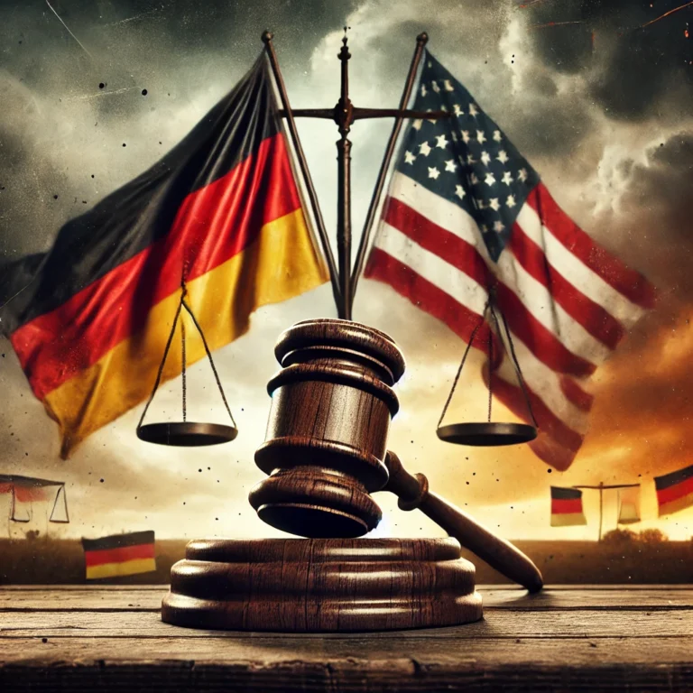 Symbolisches Bild eines Justizhammers vor den Flaggen Deutschlands und der USA, das die politische Instabilität in Deutschland und die Rückkehr von Trump in die US-Politik illustriert.