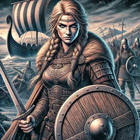 Frauen an die Front – Die vergessene Kriegerin der Wikinger Eine furchtlose Wikinger-Kriegerin steht im eisigen Nordland, bewaffnet mit Schild und Schwert, bereit, Vorurteile genauso erbarmungslos zu zertrümmern wie ihre Gegner. Mit ihrer imposanten Rüstung und dem entschlossenen Blick fordert sie: "Wer sagt, dass Frauen nicht kämpfen können?"