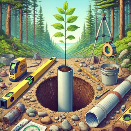 Baum pflanzen? Aber bitte mit System! Ein kleiner Baum in einem sorgfältig ausgehobenen Loch mit einem PVC-Rohr voller Kies, umgeben von übertriebenen Werkzeugen wie einer Wasserwaage und einem Lasergerät – eine satirische Darstellung der menschlichen Neigung, selbst das Einfachste wie das Pflanzen eines Baumes zu übertechnisieren.