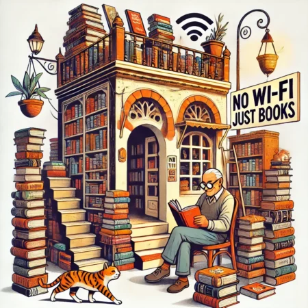 Bücher in einem Land der Nichtleser – Muhammad Aziz, der Don Quijote der Buchhandlungen Ein überquellender Buchladen, in dem ein älterer Mann auf einem Bücherstapel sitzt und liest, während ein frecher Kater sich unter einem Schild mit der Aufschrift 'No Wi-Fi, Just Books' räkelt – eine ironische Ode an die analoge Welt in Zeiten digitaler Kurzlebigkeit.