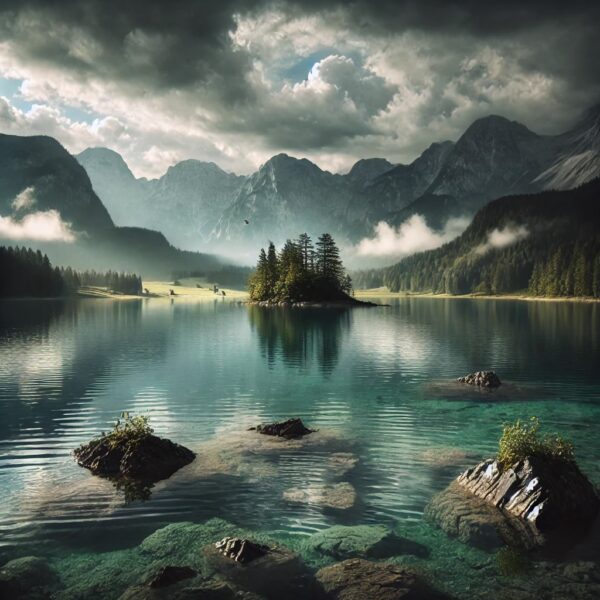 Ein surreal klarer Bergsee, dessen Transparenz nicht nur die Schönheit der Natur zeigt, sondern auch ihre Zerbrechlichkeit – eine stille Mahnung inmitten grüner Wälder und drohender Wolken, die über die menschliche Ignoranz hinwegziehen.