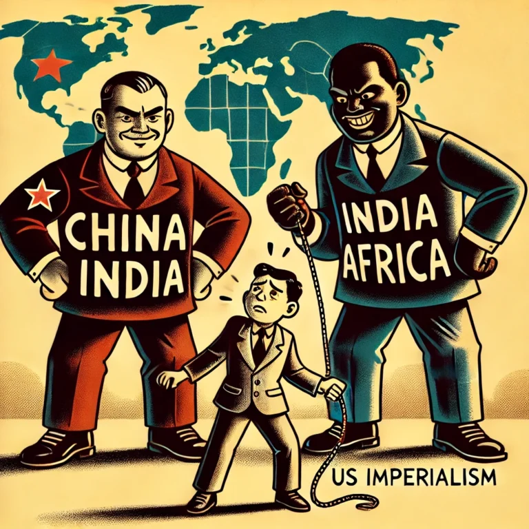 Satirische Illustration der globalen Machtverschiebung: Drei selbstbewusste Giganten – China, Indien und Afrika – überragen einen winzigen, schwitzenden Vertreter des ‚US-Imperialismus‘ mit Peitsche, der seine einstige Dominanz verzweifelt zu verteidigen versucht. Eine ironische Darstellung des neuen geopolitischen Kräfteverhältnisses.