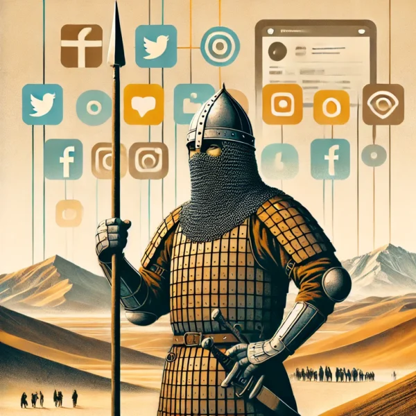 Ein Kipcak-Krieger in voller Rüstung steht selbstbewusst in einer surrealen Landschaft, wo historische Steppen und moderne Social-Media-Icons aufeinanderprallen. Mit Speer in der Hand und einem vielsagenden Blick symbolisiert er den absurden Spagat zwischen kulturellem Erbe und der Jagd nach Likes – Tradition trifft auf den Algorithmus.