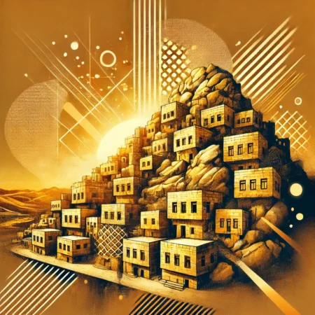 Mardin – Wo Häuser keine Schatten werfen, aber Geschichte ein Licht auf uns wirft Eine surreale Darstellung der goldenen Kalksteinhäuser Mardins, die wie perfekte Architekturtetris-Steine auf einem steilen Hügel gestapelt sind – natürlich so, dass kein Schatten den Nachbarn stört. Im Hintergrund leuchtet die Mesopotamische Ebene im Glanz eines dramatischen Sonnenuntergangs, während abstrakte Linien und Muster die ironische Botschaft unterstreichen: Schönheit und Ordnung, wo die Welt oft nur Chaos sieht.