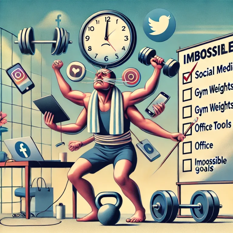 Ein gestresster Mensch jongliert verzweifelt moderne Lebensanforderungen: Social-Media-Icons, Fitnessgewichte, Arbeitsgeräte und ein übergroßes To-Do-Board mit unerreichbaren Zielen. Das ironisch überzeichnete Bild zeigt den absurden Perfektionswahn unserer Zeit, in dem Multitasking und Selbstoptimierung zur neuen Religion erhoben wurden – während der Spaß auf der Strecke bleibt.