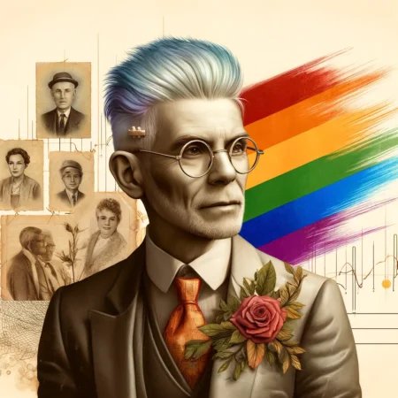 Queer, aber bitte nicht zu alt? Ein Blick auf unsere selektive Erinnerungskultur Ein älterer queerer Mensch in stilvoller Kleidung mit einem Hauch von Rebellion, umgeben von verblassten Fotografien und einem dezenten Regenbogen-Flaggendetail. Das Bild balanciert zwischen Vintage-Nostalgie und moderner Pride, als hätte die Geschichte endlich beschlossen, auch queeren Senioren eine Bühne zu geben – aber bitte mit Stil.
