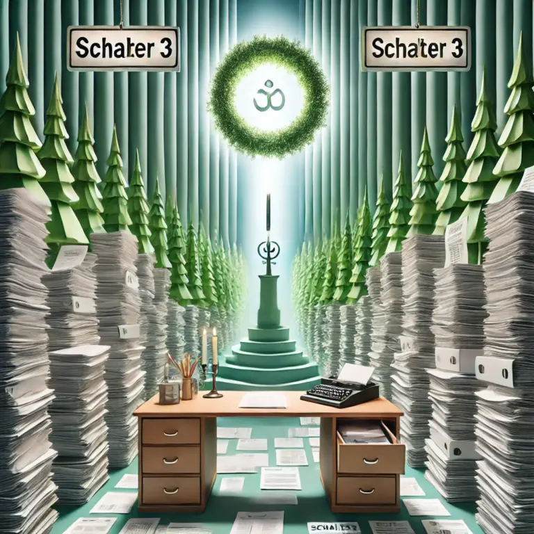 Ein dichter Dschungel aus Papierstapeln und Formularen ragt empor, während ein Lichtstrahl auf einen schlichten Altar mit Stempel und Kugelschreiber fällt – die perfekte Symbiose von deutscher Bürokratie und der Suche nach Spiritualität. Im Hintergrund mahnen subtile Hinweise wie 'Schalter 3', dass selbst Glaubensfragen hier durch den Verwaltungsapparat müssen.