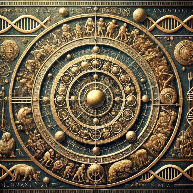 Eine antike Tafel, die das Sonnensystem in erstaunlicher Präzision darstellt, eingerahmt von mystischen Symbolen, DNA-Strängen und den beeindruckenden Anunnaki – ein Kunstwerk, das Wissenschaft und Mythos zu einem Rätsel für die Ewigkeit verbindet.