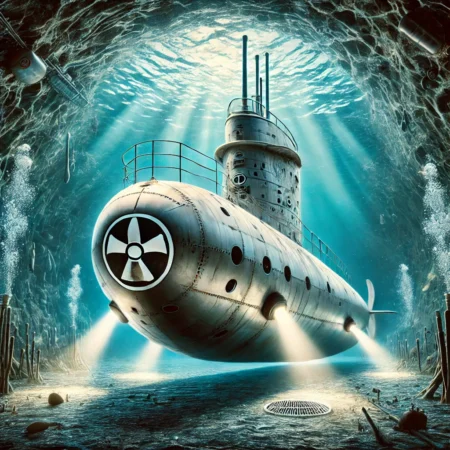 Vier Kilo zur Weltherrschaft: Die dunkle Eleganz der nuklearen U-Boote Ein stilisiertes Atom-U-Boot, das majestätisch unter Wasser schwebt – ein Symbol für die dunkle Eleganz der nuklearen Technologie. Energiegeladen und fast lautlos, strahlt es Macht und Kontrolle aus, während die winzige Menge Uran, die es antreibt, fast ironisch gering erscheint angesichts seiner gigantischen Präsenz und potenziellen Zerstörungskraft.