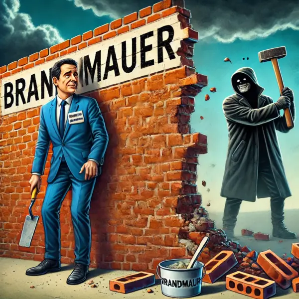 Ein bröckelndes Mauerwerk mit der Aufschrift „Brandmauer“, das sichtlich bessere Tage gesehen hat. Auf der einen Seite ein konservativer Politiker in blauem Anzug, unschlüssig mit Kelle und Mörtel in der Hand – als wolle er flicken, was längst reißt. Auf der anderen Seite eine dunkle Gestalt mit hinter dem Rücken verstecktem Vorschlaghammer, ein vielsagendes Grinsen auf den Lippen. Über ihnen dunkle Wolken, als würde sich ein politischer Sturm zusammenbrauen. Ein Bild zwischen Bausünde und Abrisskommando – passend zur Debatte um Abgrenzung und Annäherung.