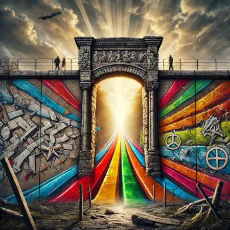 Zusammenhalt sprengt Grenzen und entfacht den Fortschritt Eine rissige Mauer klammert sich verzweifelt an die Vergangenheit, während eine bunte Brücke daneben fröhlich zeigt, dass Fortschritt sich nicht aufhalten lässt.