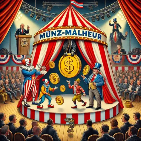 Münz-Malheur inszeniert den politischen Zirkus neu Ein knallbuntes Zirkuszelt mit dem Schriftzug „Münz-Malheur“, umgeben von Clowns und Politikern, die um eine riesige goldene Münze tanzen. Eine ironische Inszenierung, in der finanzielle Skandale zum Hauptakt des politischen Spektakels werden.