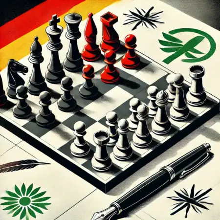 Bundestagswahl 2025: Koalitionen als neues Rezept der Regierungsbildung Auf einem Schachbrett ringen schwarze, rote und grüne Spielfiguren um Macht, während eine scharfe Feder am Rand jede absurde Wendung der Koalitionsverhandlungen pointiert kommentiert. Ein ironischer Blick auf das politische Poker, das in Deutschland die Bühne für den nächsten Macht-Cocktail bereitet.