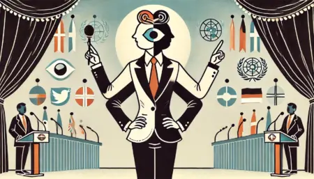 Staatsräson mit Augenklappe – selektive Blindheit als neues Trendaccessoire Eine stilisierte Figur mit eleganter Augenklappe, die symbolisch für bewusstes Wegsehen in politischen Angelegenheiten steht. Im Hintergrund subtile Symbole internationaler Diplomatie – denn moralische Maßstäbe sind schließlich flexibel, solange sie den richtigen Interessen dienen. Ein visuelles Augenzwinkern zur selektiven Wahrnehmung globaler Konflikte.