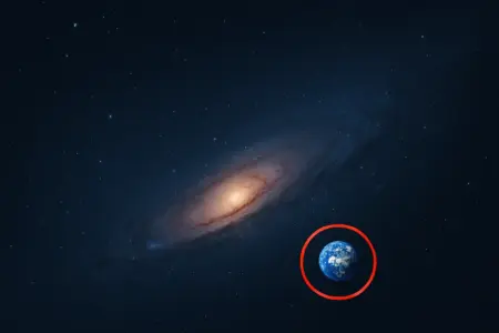 Es war einmal ein Punkt im Universum Ein galaktisches Panorama mit der Erde als winziger Punkt im Vordergrund, rot eingekreist – als wollte sie sagen: Schaut her, ich bin wichtig! Im Hintergrund eine majestätische Galaxie, die sich nicht im Geringsten dafür interessiert.