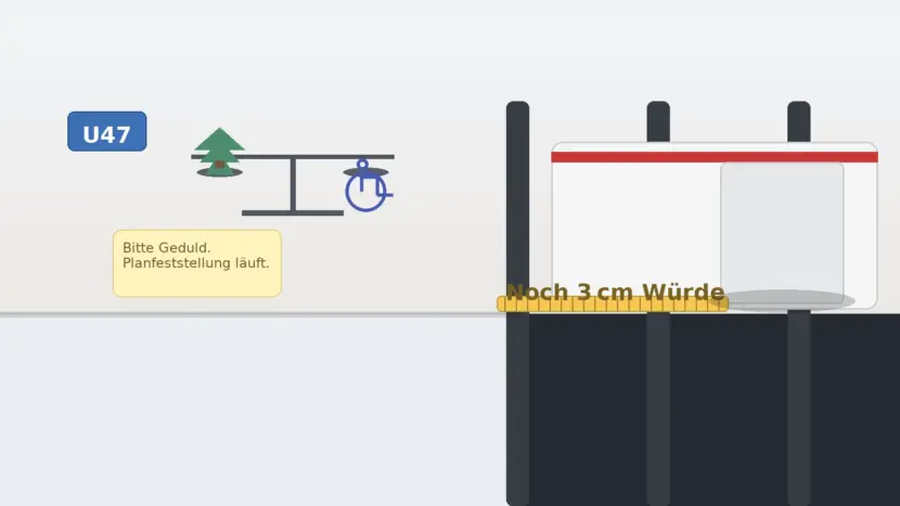 Stilisierter U47-Bahnsteig an der B1: moderne Bahn, zu niedriger Bahnsteig mit gelber Leiste „Noch 3 cm Würde“, Zettel „Planfeststellung läuft“, daneben eine Waage Baum vs. Rollstuhl – schöne Allee trifft Menschenwürde, Tempo optional.