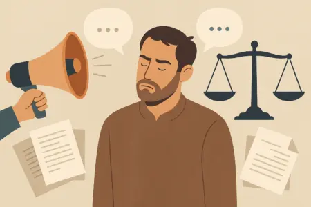 Illustration eines nachdenklichen Mannes zwischen Megafon und Waage, umgeben von Akten und Sprechblasen – Sinnbild für den Krach um Ahmad Mansour, Correctiv und die Frage, ob im Integrationsdiskurs Lautstärke oder Belege gewinnen.