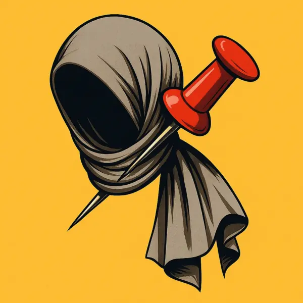 Graues Kopftuch als Reißzwecke auf knallgelbem Hintergrund – ein Symbol dafür, wie ein Stück Stoff in Deutschland ständig als politischer Aufreger an die Pinnwand der Grundrechte geheftet wird.