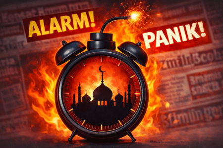 Eine brennende Alarmuhr mit Moschee-Silhouette vor boulevardesken Schlagzeilen inszeniert Ramadan als medialen Ausnahmezustand, als würde aus ein paar Schulvorfällen gleich der nächste Kulturkollaps gebastelt.