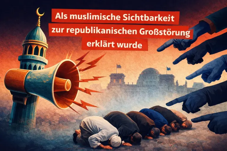 Illustration eines öffentlichen Alarmzustands: Ein minarettartiges Megafon schallt vor dem Reichstagsgebäude, mehrere Finger zeigen anklagend auf betende Muslime am Boden. Darüber steht der Titel „Als muslimische Sichtbarkeit zur republikanischen Großstörung erklärt wurde“ – ein ironischer Kommentar darauf, wie aus religiöser Präsenz per Empörung, Projektion und Bedrohungsrhetorik gleich eine Staatskrise gemacht wird.
